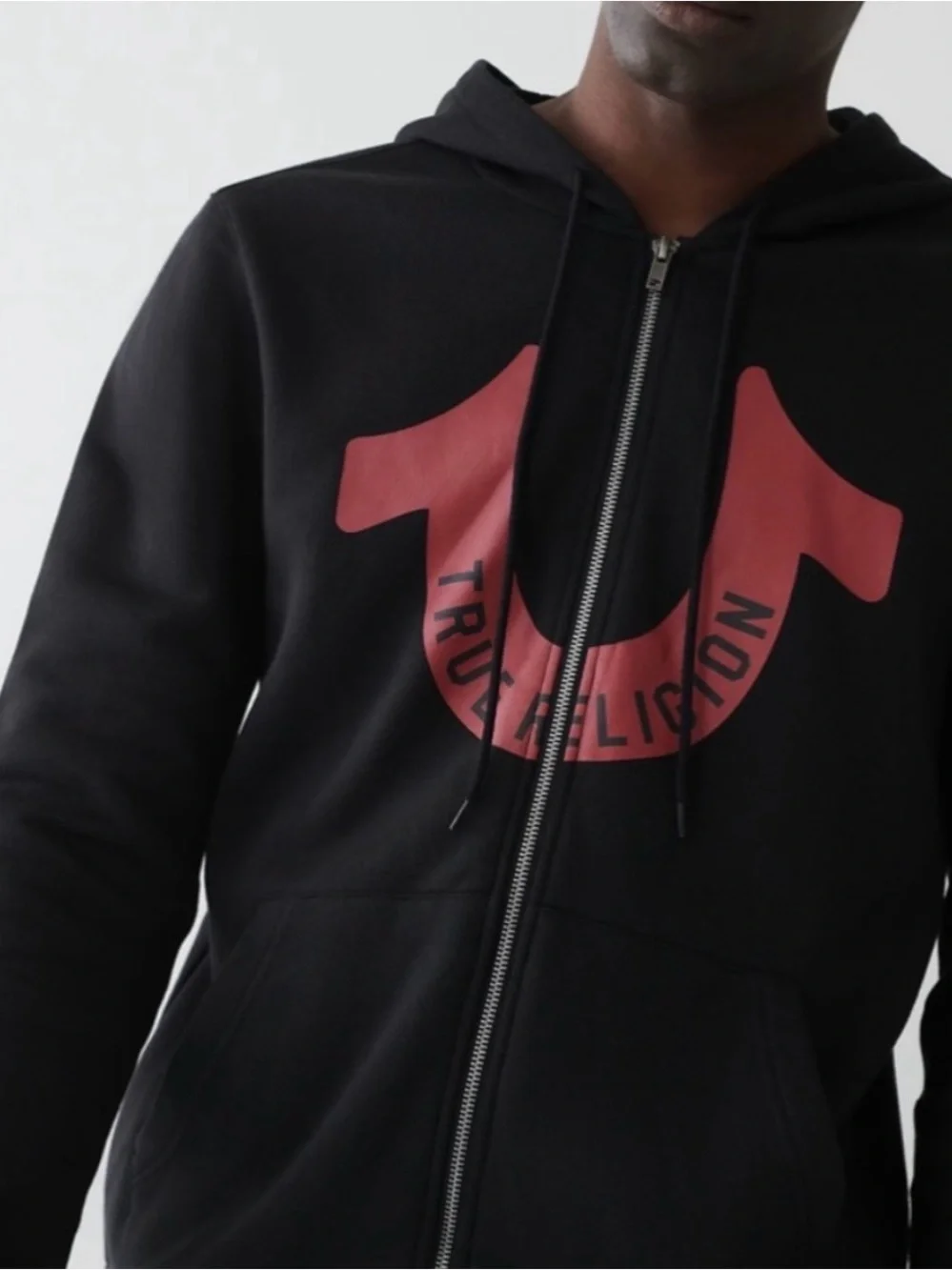 True Religion Mens Big Horseshoe TR Black Red Zip Hoodie Large 107182 *Flaw